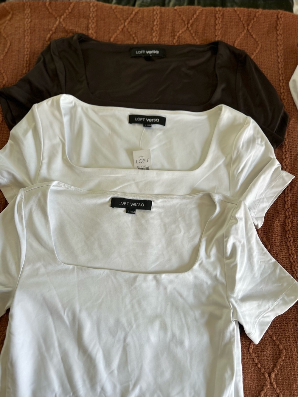 LOFT VERSA BUNDLE of 3 Knit Square Neck Tees Brown & White Size S & XS